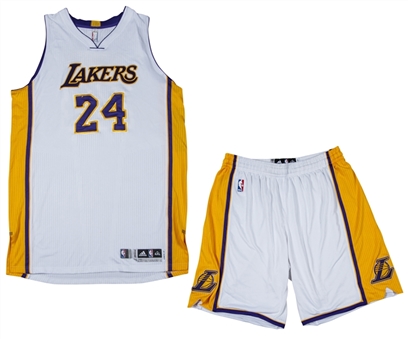 2015-16 Kobe Bryant Game Used Los Angeles Lakers Final Season Photo Matched Home Uniform With Retirement Night Letter- Worn Night of Retirement Announcement -Jersey & Shorts – PHOTO MATCHED TO 6 GAMES
